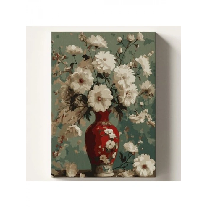 Kırmızı Vazo Temalı Sayılarla Boyama Tuval Seti - 40x50 cm
