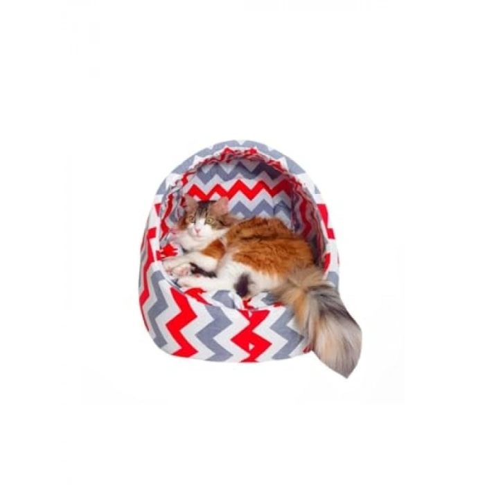 Kırmızı Zigzag Desenli Kedi Mağara Evi, 40x40 cm