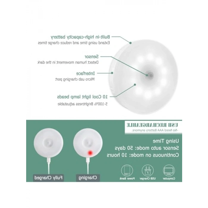 Kısılabilir Hareket Sensörü Gece Lambası, USB Şarj Edilebilir, 10 LED