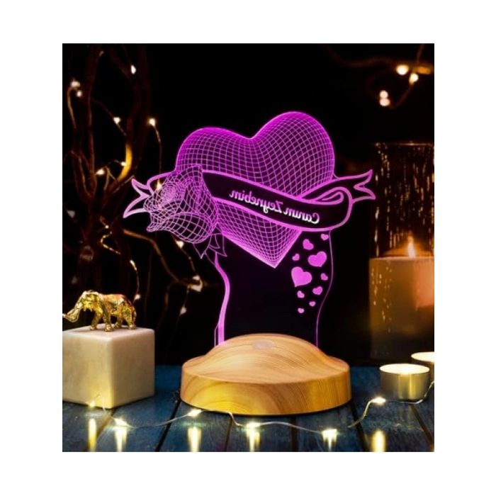 Kişiye Özel 3D Gece Lambası - Aşk Hediyesi Gül ve Kalp