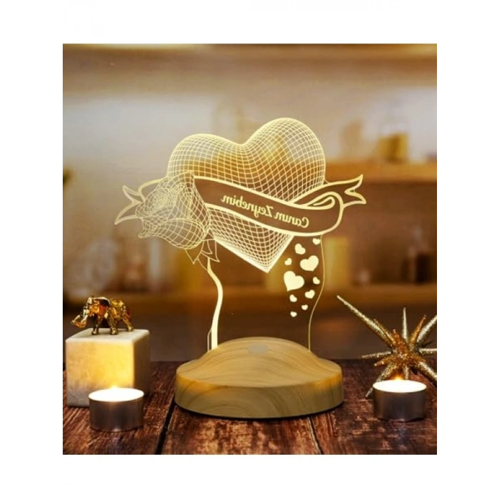 Kişiye Özel 3D Gece Lambası - Aşk Hediyesi Gül ve Kalp