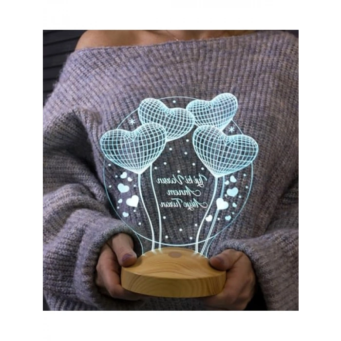 Kişiye Özel 3D LED Lamba - Kalp Balon Desenli