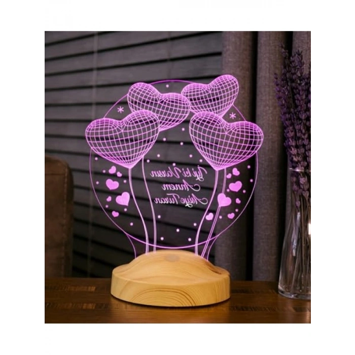 Kişiye Özel 3D LED Lamba - Kalp Balon Desenli