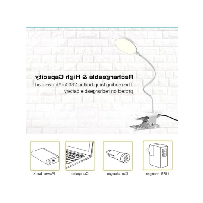 Kıskaçlı Okuma Lambası - 360 Derece Esnek, USB Şarjlı