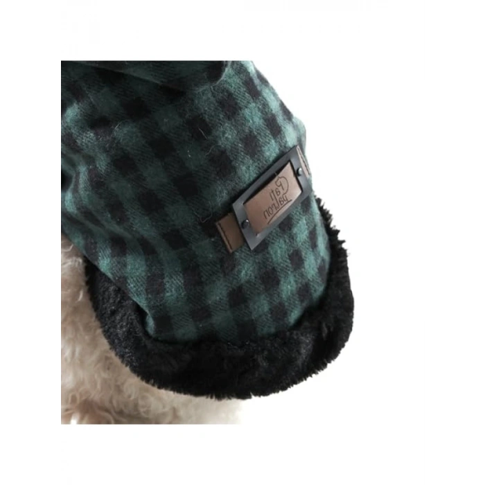 Kışlık Yeşil Ekose Kapüşonlu Köpek Montu (Kalın Kumaş)