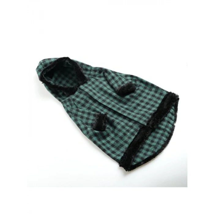 Kışlık Yeşil Ekose Kapüşonlu Köpek Montu (Kalın Kumaş)