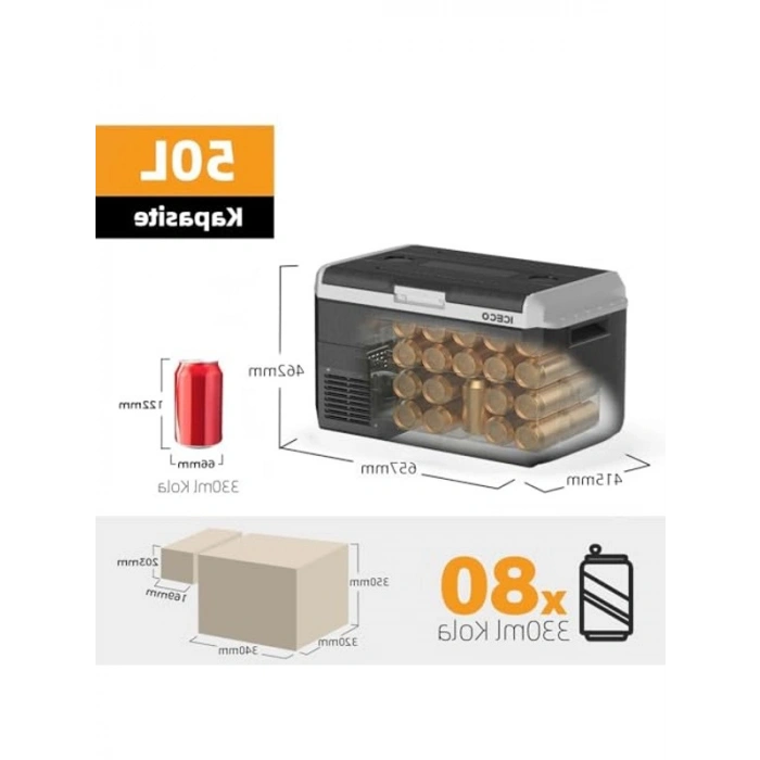 Kompresörlü 50 litre oto buzdolabı, 12/24Volt uyumlu, dış mekan için ideal