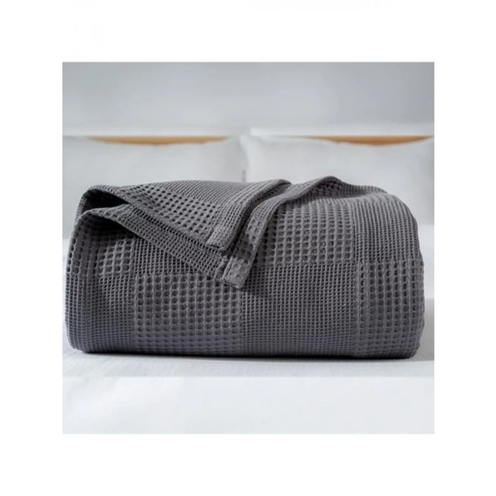 Koyu Gri Waffle Desenli Tek Kişilik Pike, 160x230 cm, 100% Pamuk