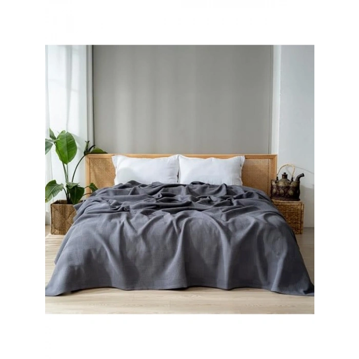 Koyu Gri Waffle Desenli Tek Kişilik Pike, 160x230 cm, 100% Pamuk
