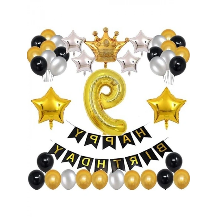 Kral Taçlı Gold-Gümüş-Siyah Doğum Günü Seti, Büyük Boy