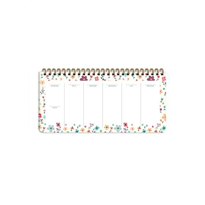 Krem Çiçek Desenli 13x27 Haftalık Spiralli Planner