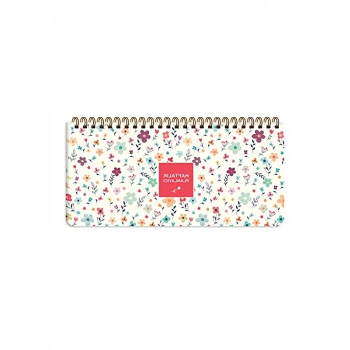 Krem Çiçek Desenli 13x27 Haftalık Spiralli Planner