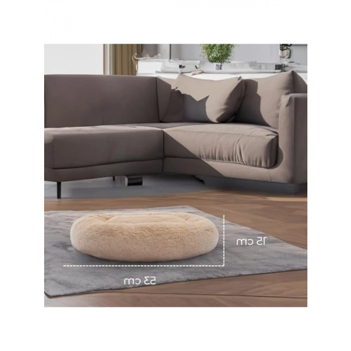 Krem Renk Yuvarlak Evcil Hayvan Yatağı, Yumuşak Peluş Konforu