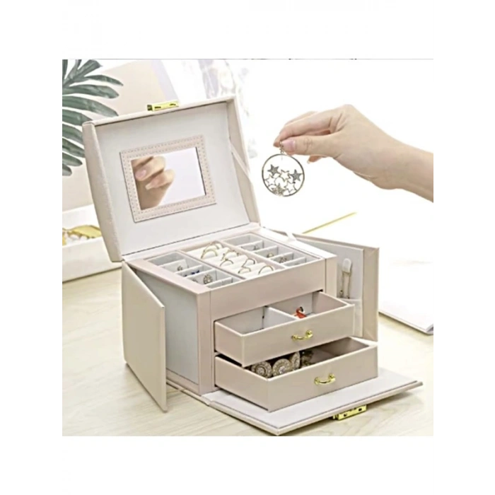 Krem Renkli 3 Katlı Lüks Mücevher Kutusu