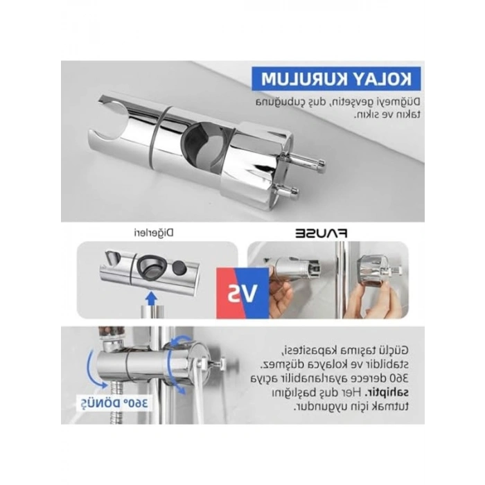 Krom Kaplama Duş Başlığı, Ayarlanabilir Boru Gezeri ve Mafsal Sürgü Askısı