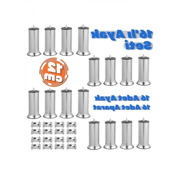 Krom Metal Mobilya Yükseltme Ayağı - 16lı Set, 12cm