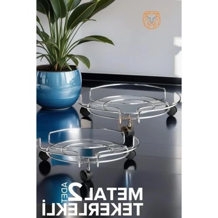 Krom Tekerlekli Metal Saksı Altlığı, 2li Set