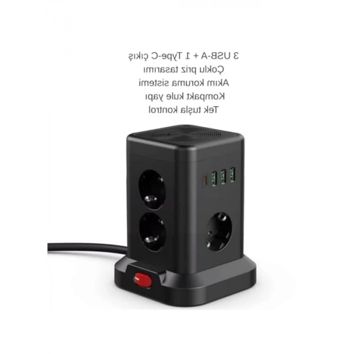 Kule Tipi Çoklu Priz – 3 USB-A + 1 Type-C, Akım Korumalı