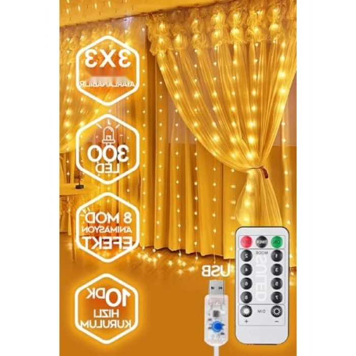 Kumandalı LED Perde - 3x3 Metre, Animasyonlu