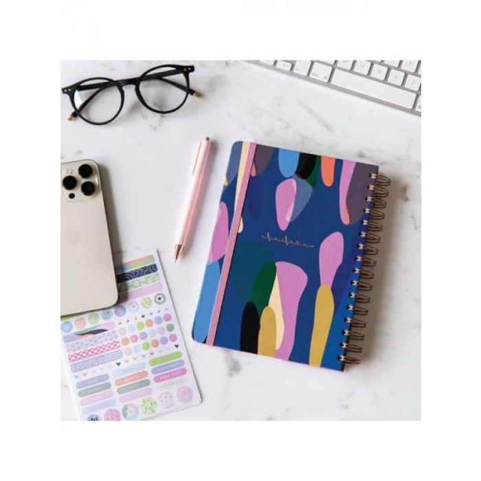 Lacivert Damla Desenli A5 Spiralli Düz Not Defteri