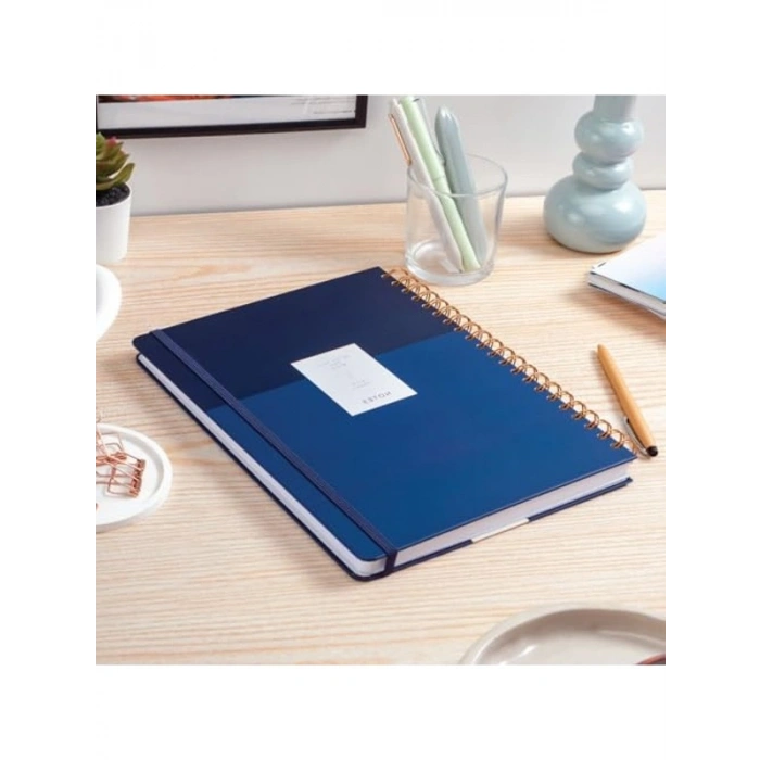 Lacivert Lastikli Kareli Not Defteri - Spiralli Sert Kapak