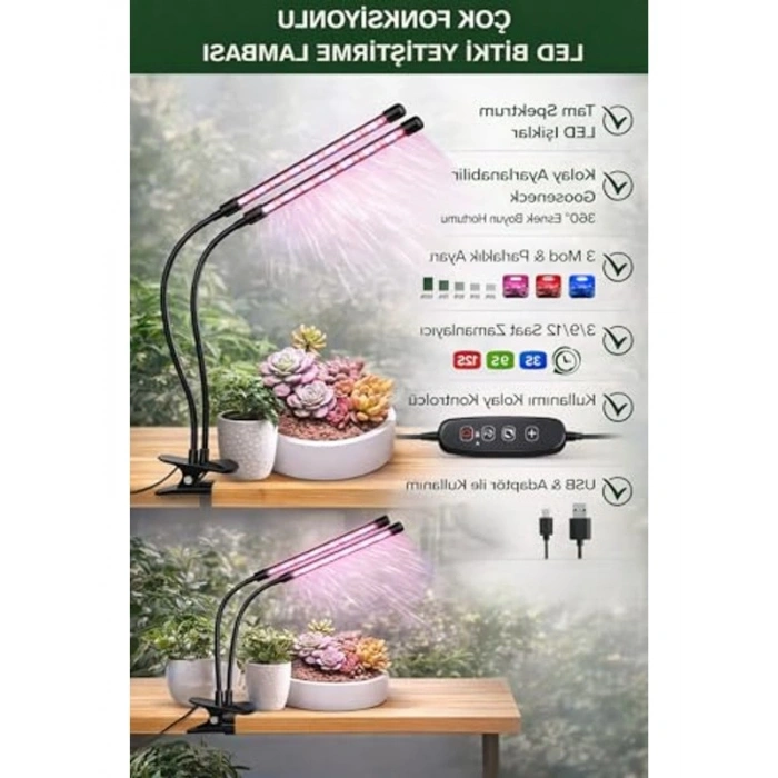 LED Bitki Yetiştirme Lambası - 3 Ayar Parlaklık, Zamanlayıcı ve USB Klipsli Tasarım