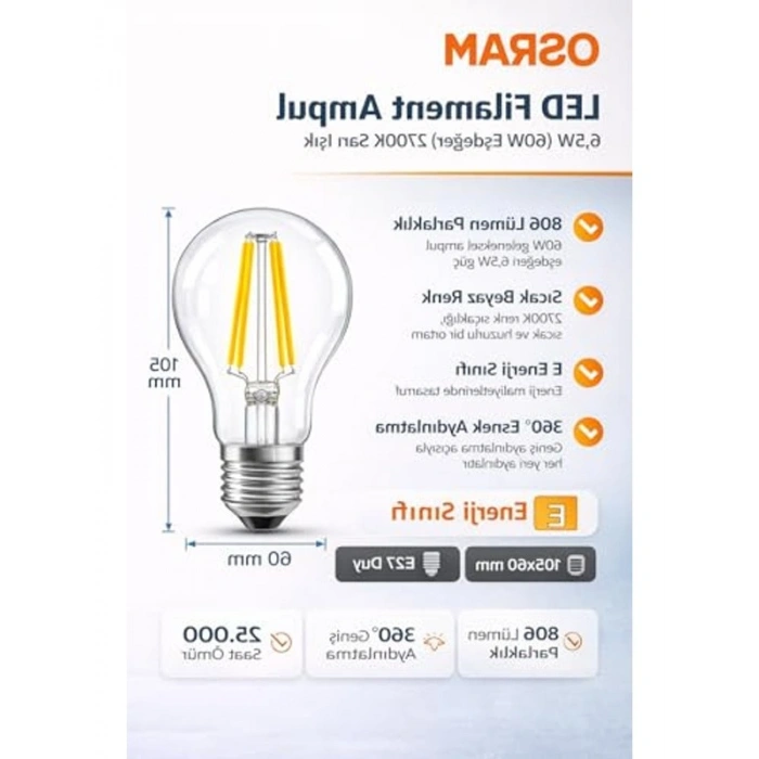 LED Filament Ampul, 6.5W Sarı Işık, 806 Lümen, E27 Duy ile Enerji Tasarrufu