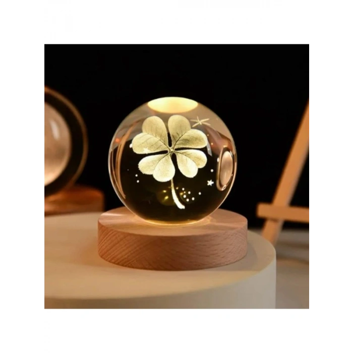 LED Işıklı Ahşap Stantlı Gece Lambası, Kristal Cam Küre ile Dekoratif Tasarım