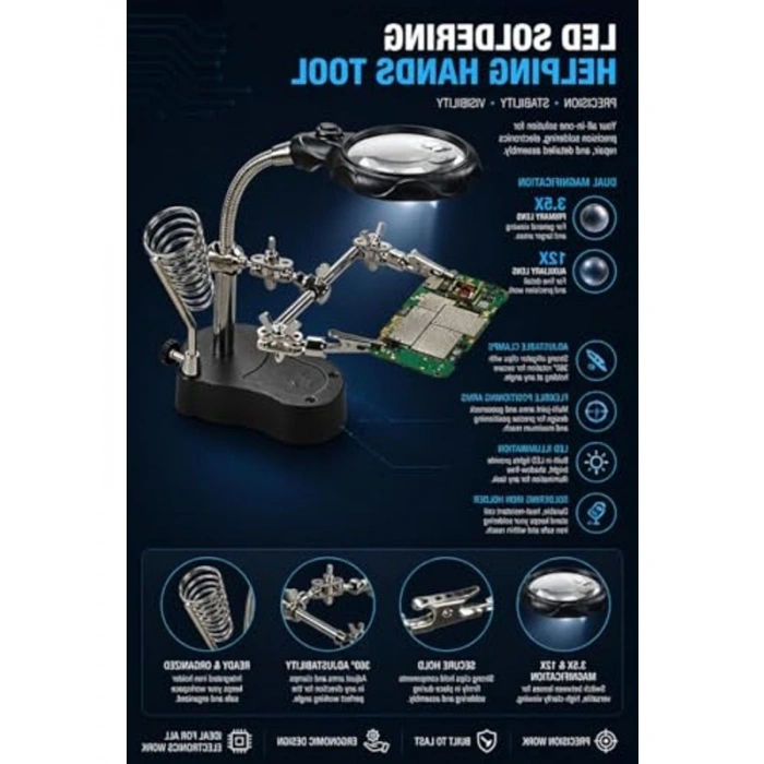 LED Işıklı Büyüteçli Lehimleme Standı, Ayarlanabilir