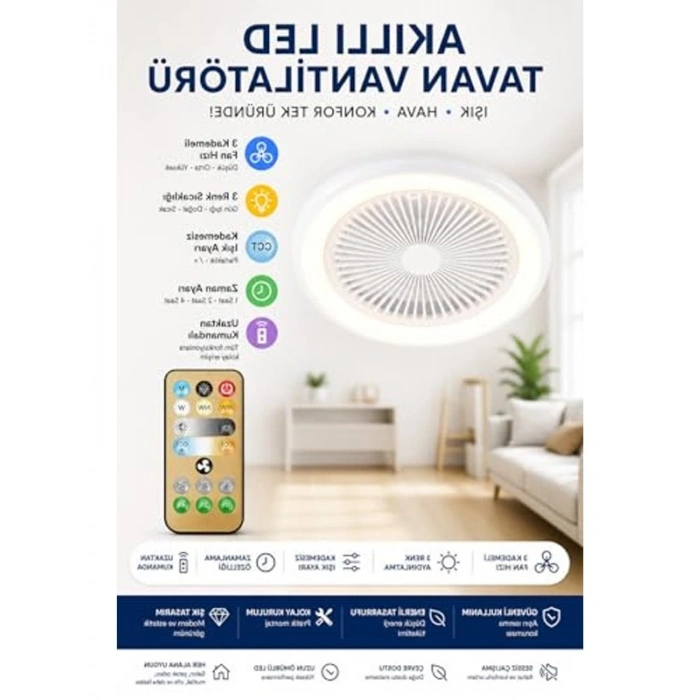 LED Tavan Vantilatörü, 3 Kademe Fan ve Zaman Ayarlı Modern Aydınlatma