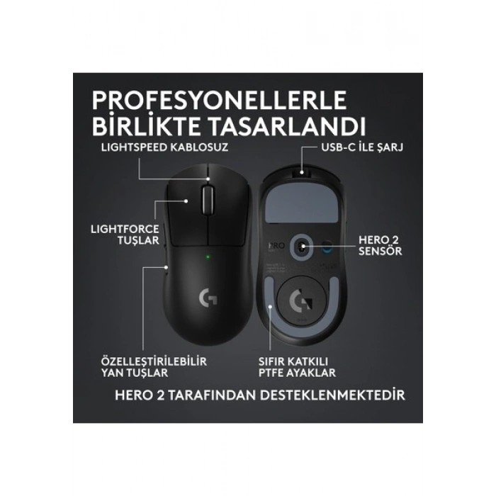 Logitech G Pro x Superlıght 2c Hafif Hero 2 Sensör 32.000 Dpı Lıghtspeed Kablosuz Oyuncu Mouse - Siyah