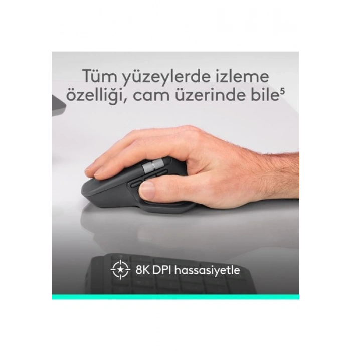 Logitech MX Master 4 Dokunsal Geri Bildirim Özellikli 8000 DPI Optik Sensörlü Sessiz Kablosuz Bluetooth Mouse, Koyu Gri