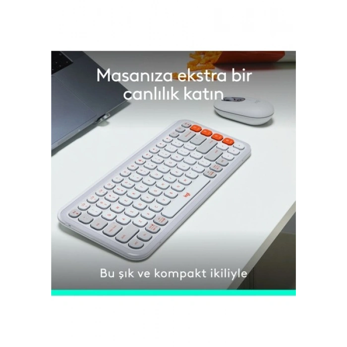 Logitech Pop Icon Kablosuz Bluetooth Sessiz Türkçe Q Klavye ve Mouse Seti, Beyaz