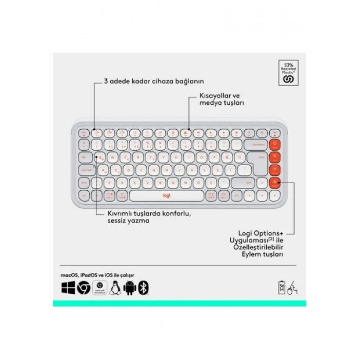 Logitech Pop Icon Kablosuz Bluetooth Sessiz Türkçe Q Klavye ve Mouse Seti, Beyaz