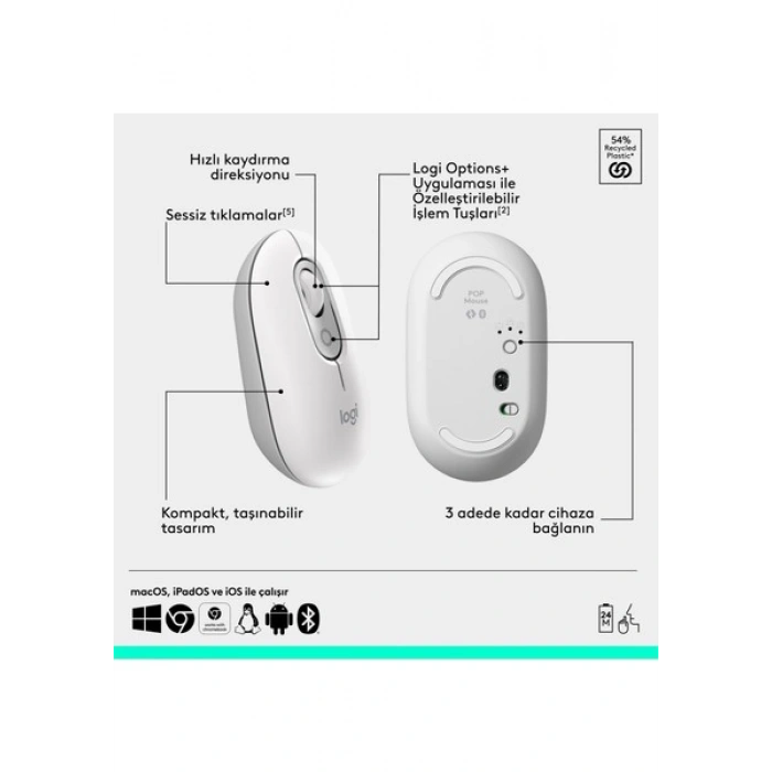 Logitech Pop Icon Kablosuz Bluetooth Sessiz Türkçe Q Klavye ve Mouse Seti, Beyaz