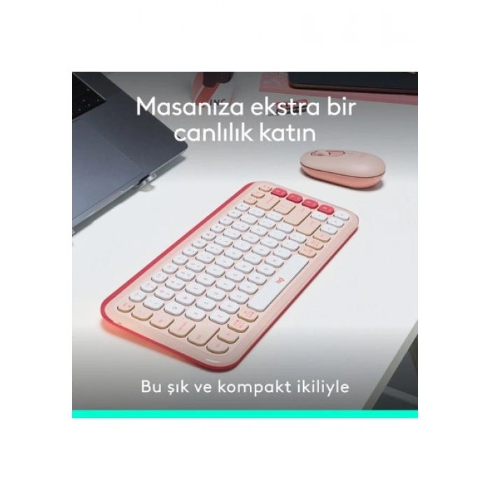 Logitech Pop Icon Kablosuz Bluetooth Sessiz Türkçe Q Klavye ve Mouse Seti, Pembe