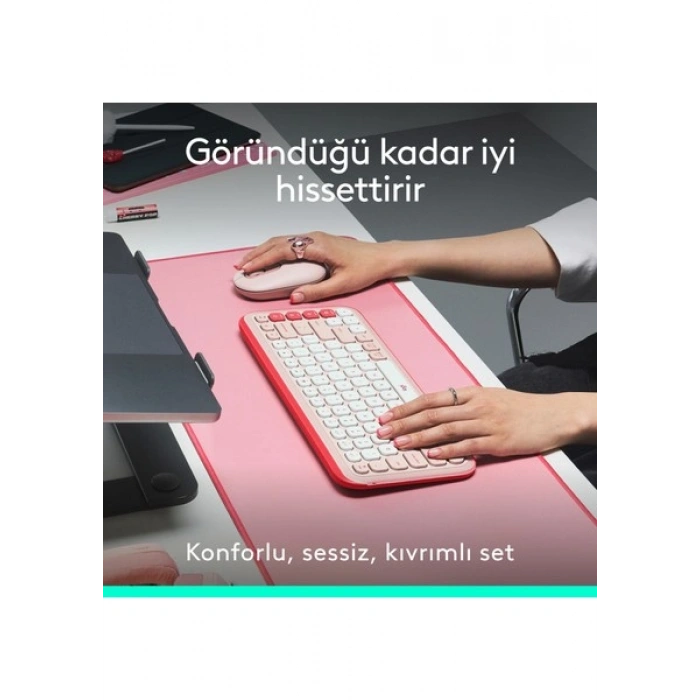 Logitech Pop Icon Kablosuz Bluetooth Sessiz Türkçe Q Klavye ve Mouse Seti, Pembe