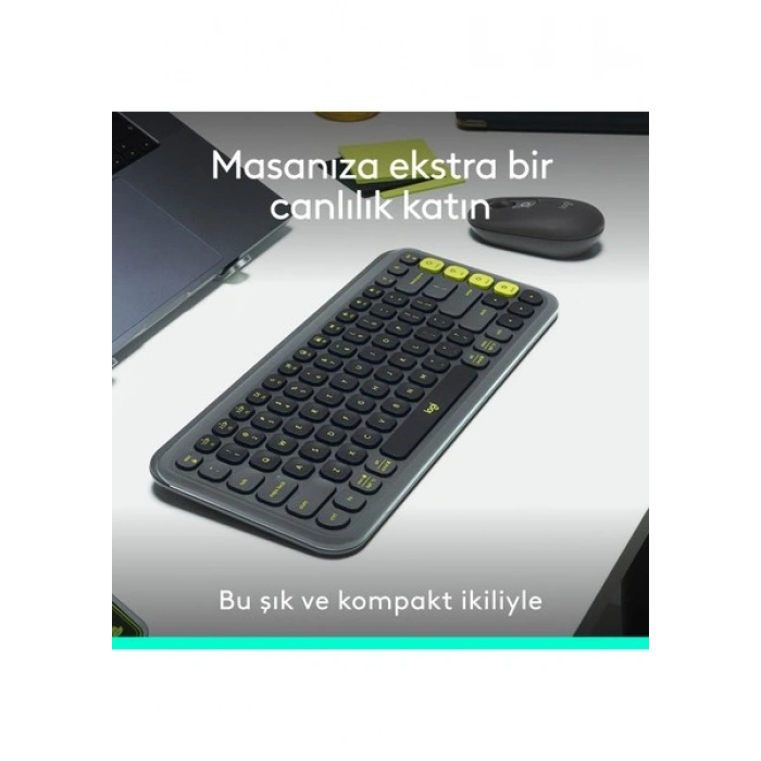 Logitech Pop Icon Kablosuz Bluetooth Sessiz Türkçe Q Klavye ve Mouse Seti, Siyah