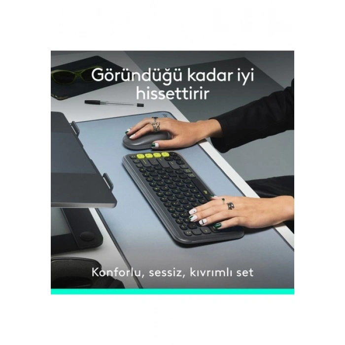 Logitech Pop Icon Kablosuz Bluetooth Sessiz Türkçe Q Klavye ve Mouse Seti, Siyah