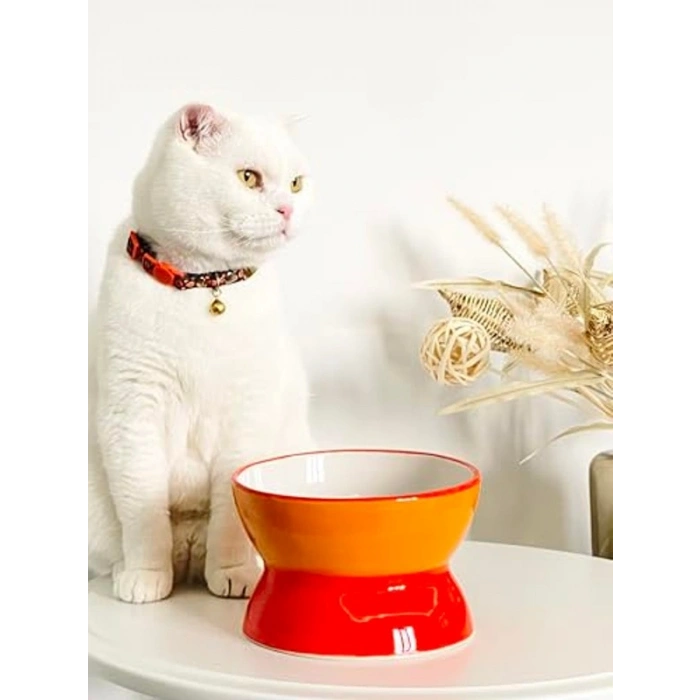 Luna Model Seramik Kedi ve Köpek Mama Su Kabı, Şık Turuncu-Sarı Renk