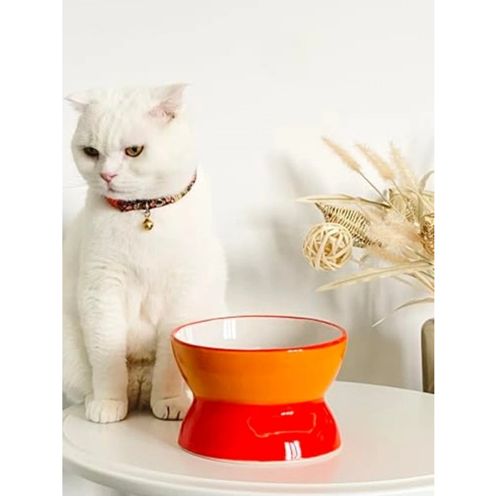 Luna Model Seramik Kedi ve Köpek Mama Su Kabı, Şık Turuncu-Sarı Renk