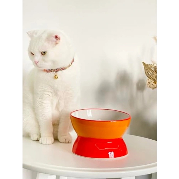 Luna Model Seramik Kedi ve Köpek Mama Su Kabı, Şık Turuncu-Sarı Renk