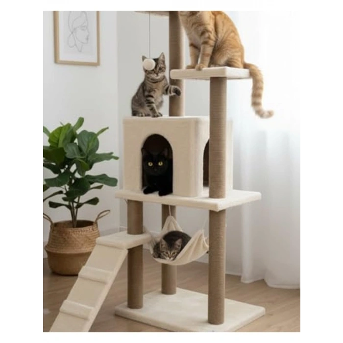 Lüx Kedi Tırmalama Oyun Evi, Beyaz Renk, Hamaklı Tasarım