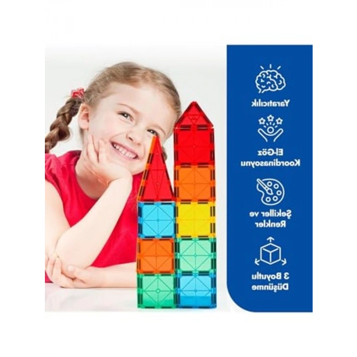 Magnetic Tiles Manyetik Yapı Blokları 72 Parça 3D Steam Eğitici Çocuk Oyuncağı ve Inşa Seti
