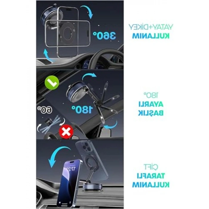 MagSafe Uyumlu Araç Telefon Tutucu, 360° Dönebilir Vantuzlu