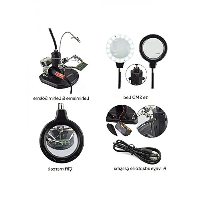 Masaüstü Büyüteçli LED Havya Sehpası - 85mm Mercek