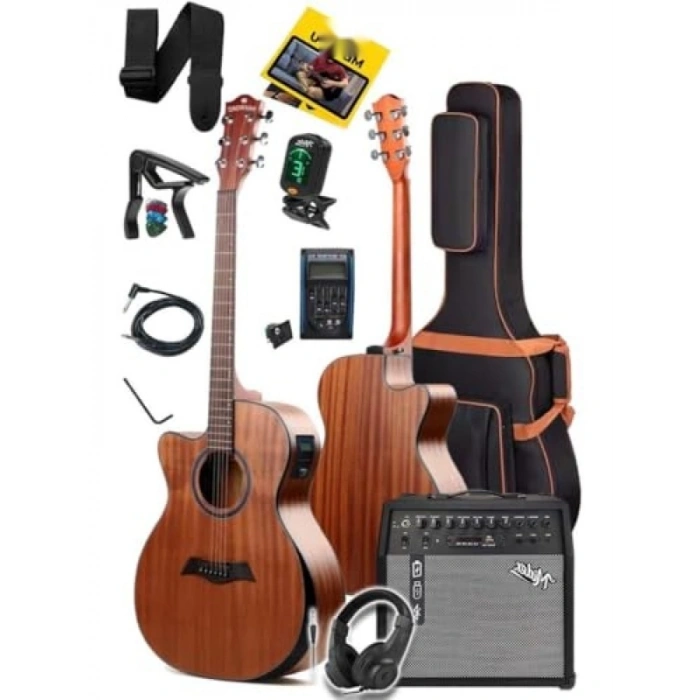 Masif Ağaç Elektro Akustik Gitar Seti 50W Amfi ile