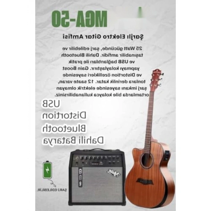 Masif Ağaç Elektro Akustik Gitar Seti 50W Amfi ile