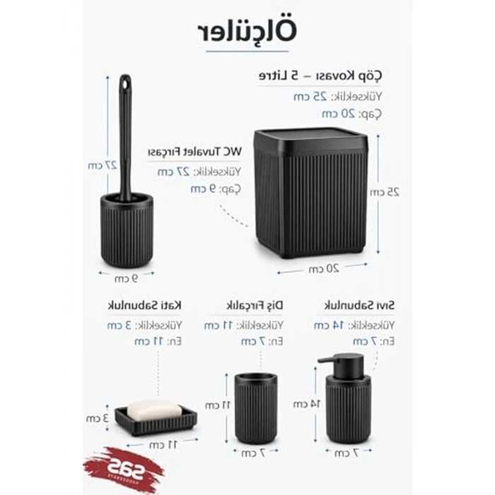 Mat Antrasit 5 Parça Modern Banyo Seti, Çöp Kovası ve Aksesuarlar