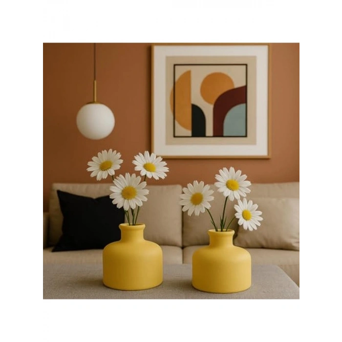 Mat Dekoratif Mini Vazo Seti, 2li Pastel Sarı